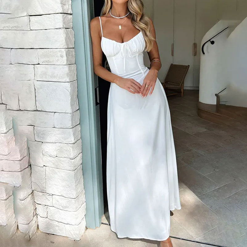 New Elegant Lace-Up Solid Color A-Line Midi Dress