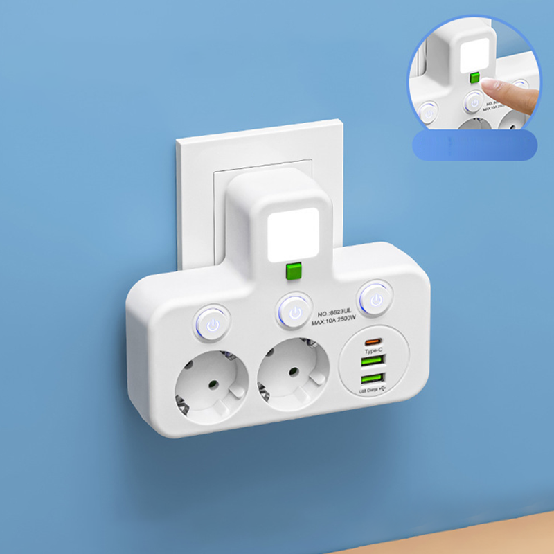 EU-Stecker-Wandler-Steckdose mit 4 Steckdosen, Multi-Port-Wanddose mit unabhängigem Schalter und kleinem Nachtlichtadapter